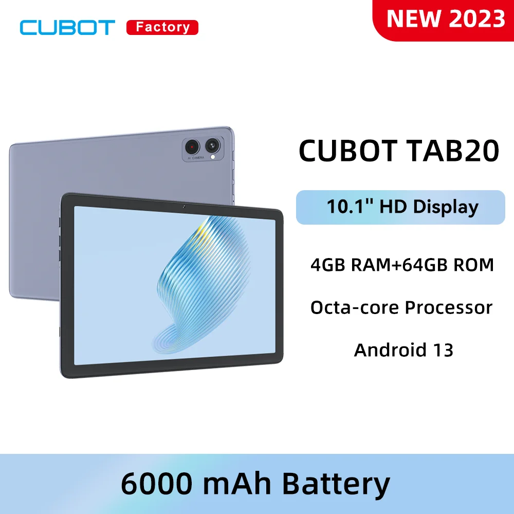 Cubot 탭 20 태블릿, 안드로이드 13, 10.1 인치 HD 디스플레이, 옥타코어 프로세서, 4GB + 64GB, 6000 mAh 배터리, GPS 태블릿 PC