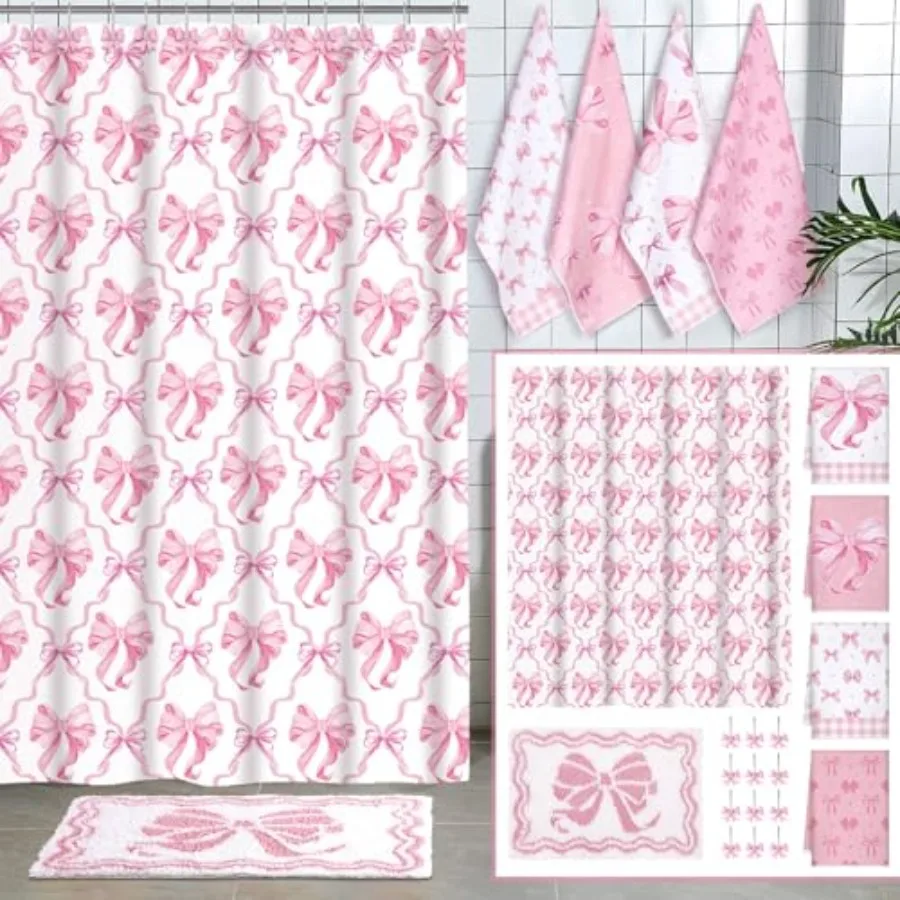 

18 Pcs Pink Bow Shower Curtain Set with 12 Decorative Shower Curtain Hooks Pink Bow Knot Bathroom Towels Coquette Non Slip Abso