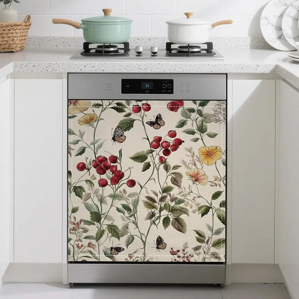 

Магнитная накладка на дверцу посудомоечной машины, многоразовая, с винтажным цветочным узором, декоративная, с бабочками и ягодами