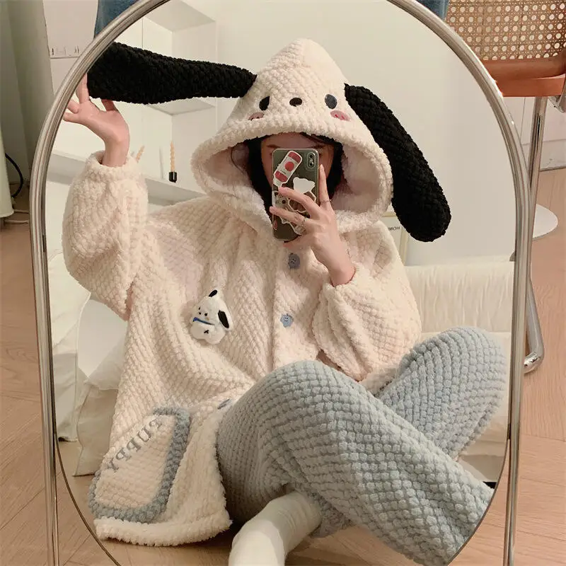 

Милые женские пижамы в стиле аниме Cinnamoroll с героями мультфильмов Kawaii, утолщенные теплые удобные хлопковые пижамы, милые девчачьи пижамы, комплекты брюк