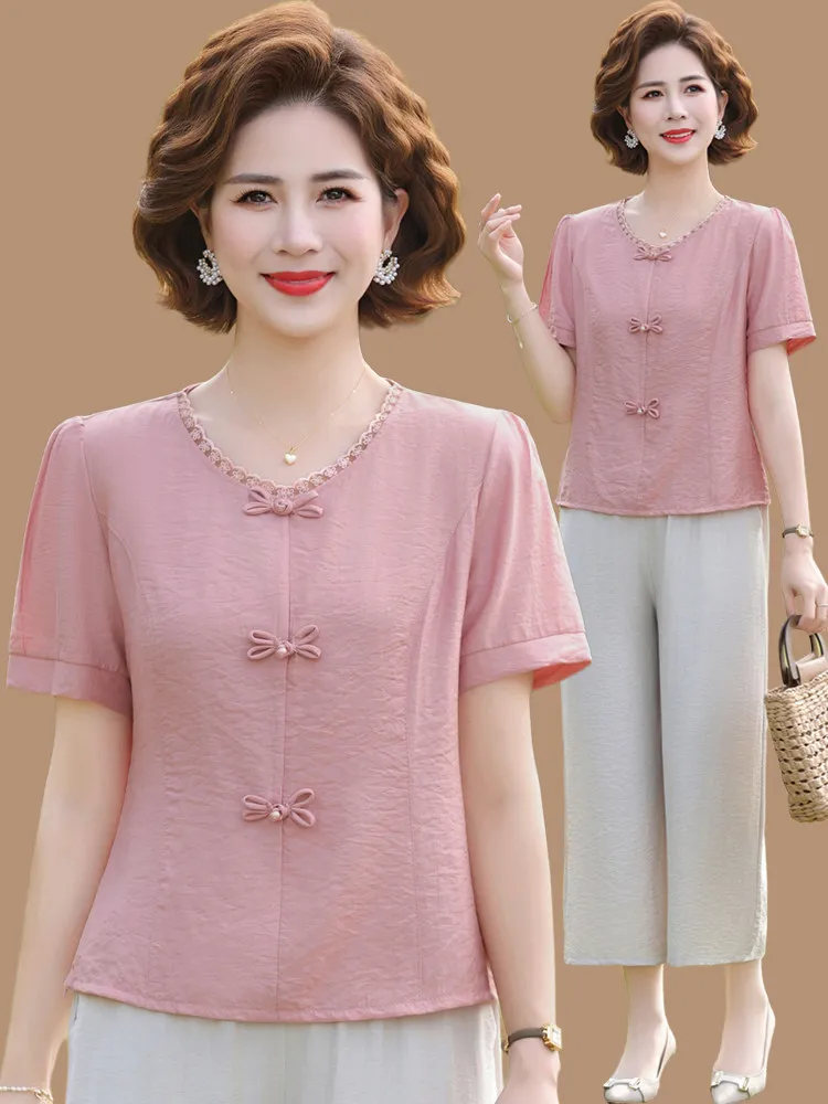 

Stylish Short Sleeve T-Shirt Set for Mom Summer Slimming Top Women's Mid-Aged plus Size Breathable Loose Fit round Neck Casua...