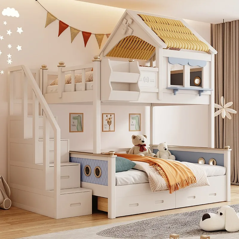 Solid Wood Treehouse Castle Bunk Bed 1.5M High Low Sleeper Twin Bed Frame Space Saving Kids Furniture for Children Room