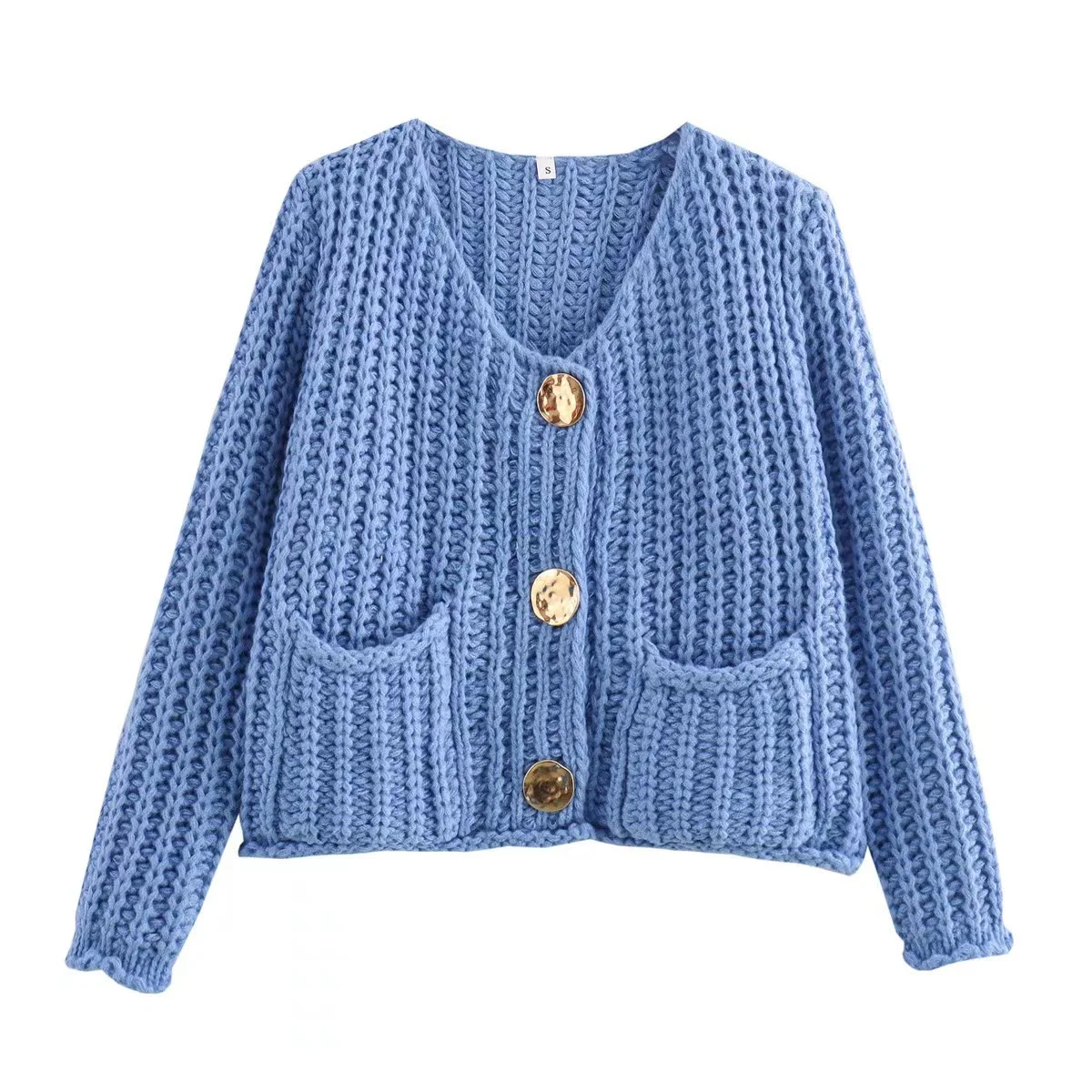 Cardigan in maglia grossa con bottoni dorati metallizzati per donna, accogliente giacca maglione Cardi con tasca frontale a maniche lunghe, autunno inverno