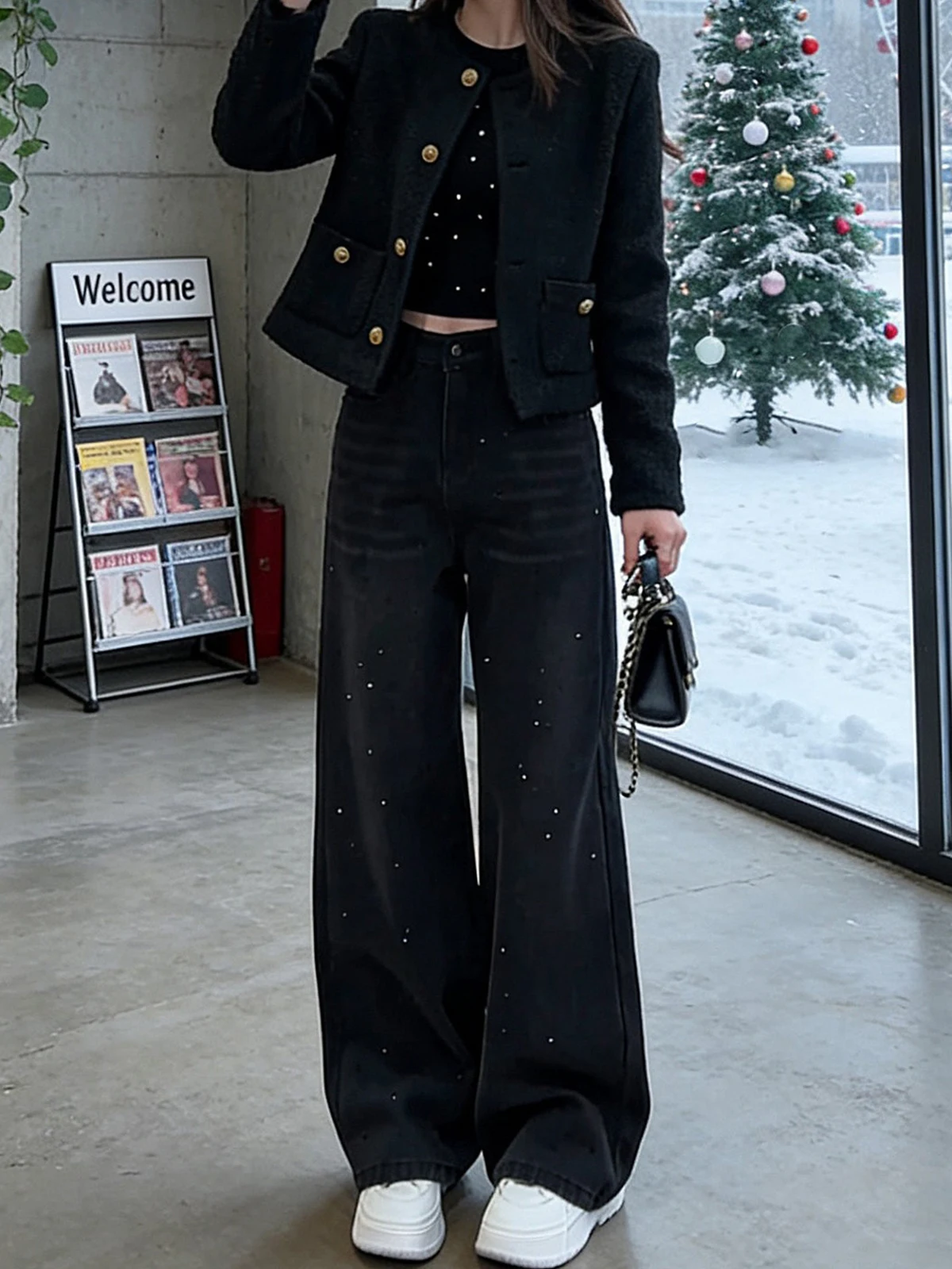 

High Waist Wide Leg Fce Lined Loose Fit Women's Jeans Bla ey Spring New Sle Tianxing Slimming Trousers