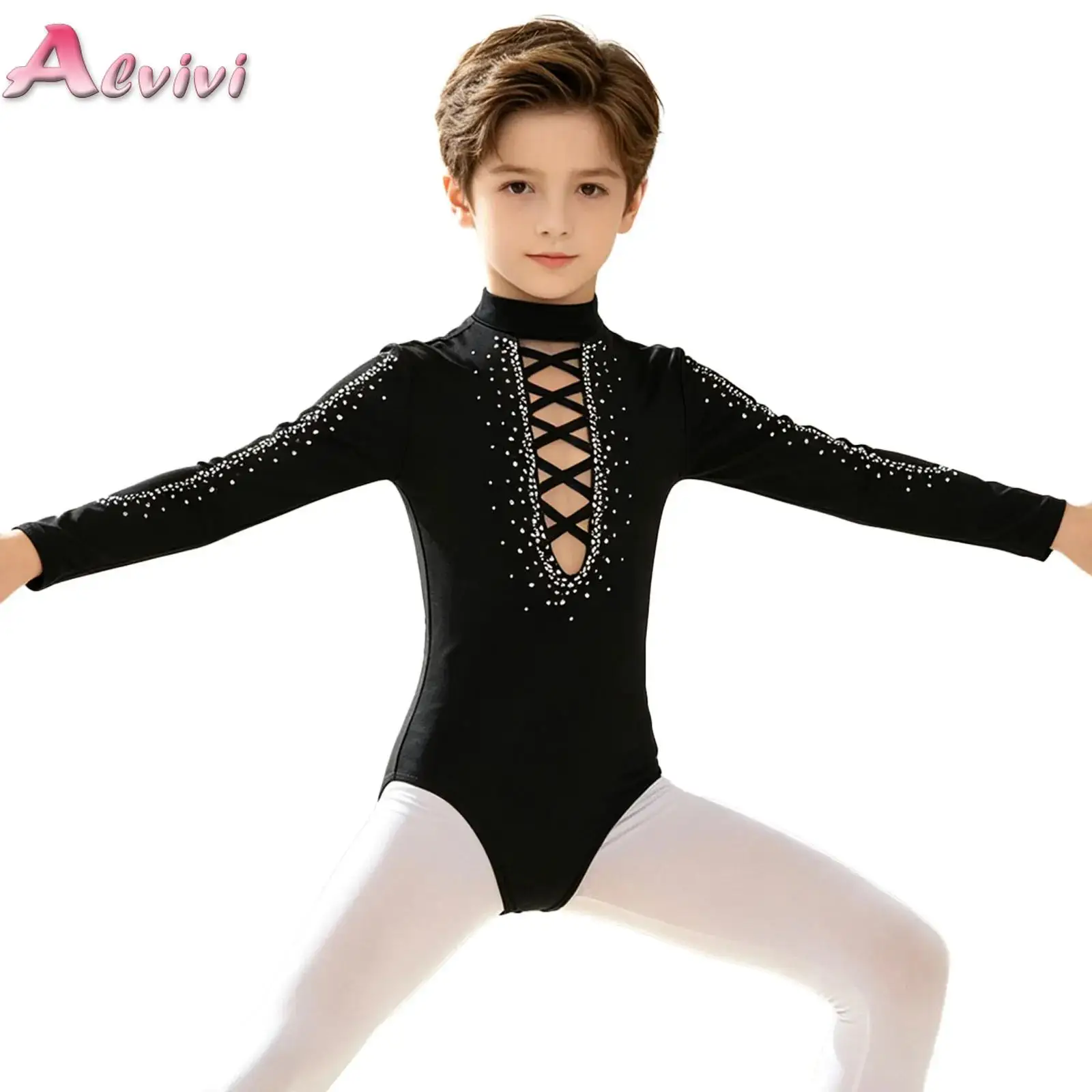 Kid Boys Figure Skating Dance Tops Bodusuit for Jazz Ballet Gymnastics Competition Performance Costume Long Sleeve Rhinestones