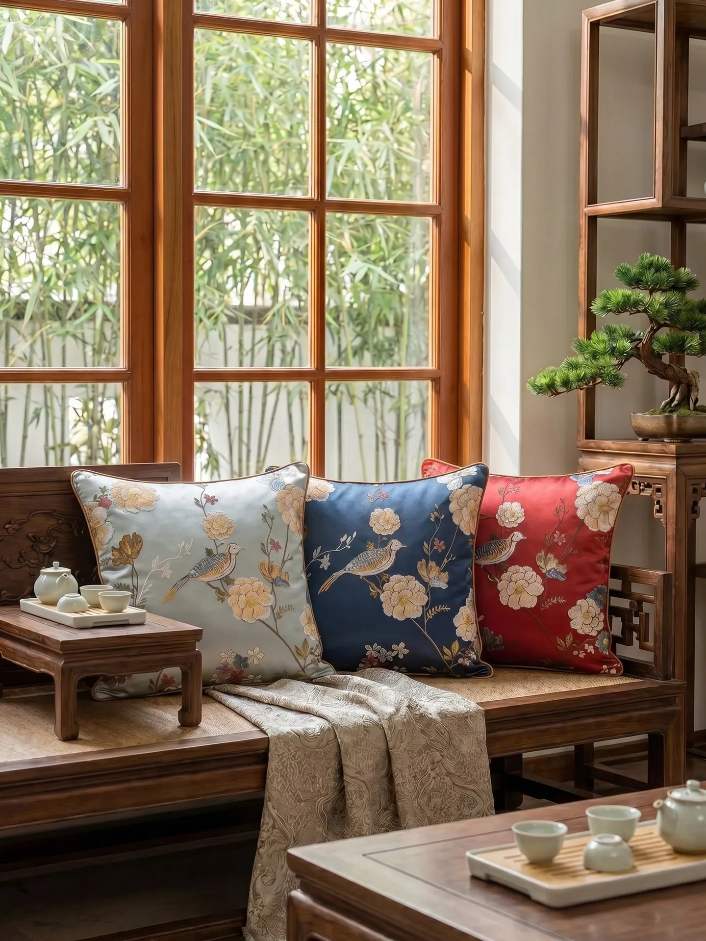 Chinese Style Bird Flower Embroidery Cushion Cover Luxury Satin Jacquard Throw Pillow Case for Mahogany Sofa Living Room Home