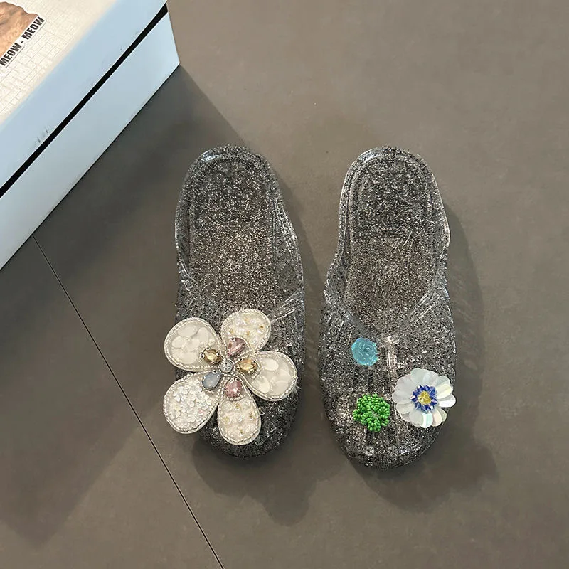 BRSO Women's Rhinestone Flower Crystal Closed Toe Jelly Slides Summer Beach Home Casual Breathable Non Slip Female Sandals