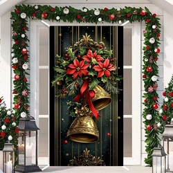Christmas Door Cover Vintage Wreath Bell Photography Background Indoor Outdoor Porch Door Banner 2025 New Year Eve Decoration
