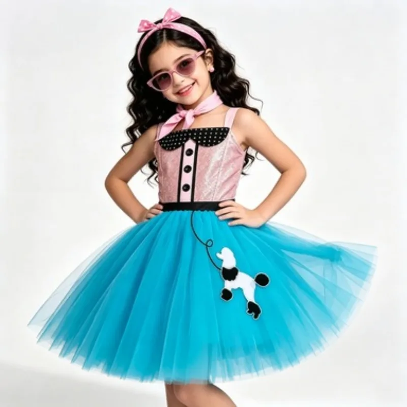 Girls Retro 1950s Poodle Tutu Dress Pink Blue Vintage Curly Dog Costume Kids 50s Themed Party Ballet Tutu Princess Outfit
