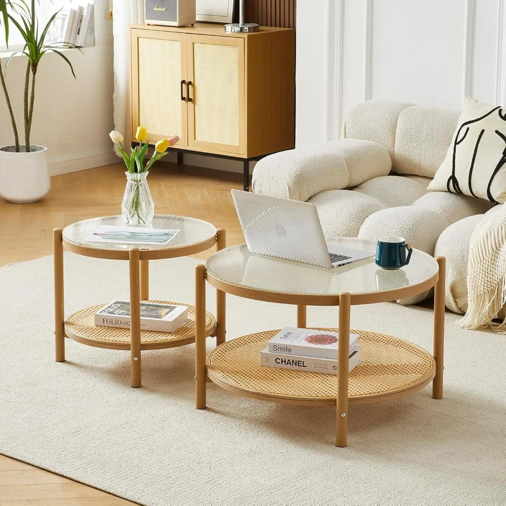 27.5 Boho Rattan Coffee Table, Round Glass Metal Center Table, Modern Simple 2 Tier Middle Table for Small Space Living