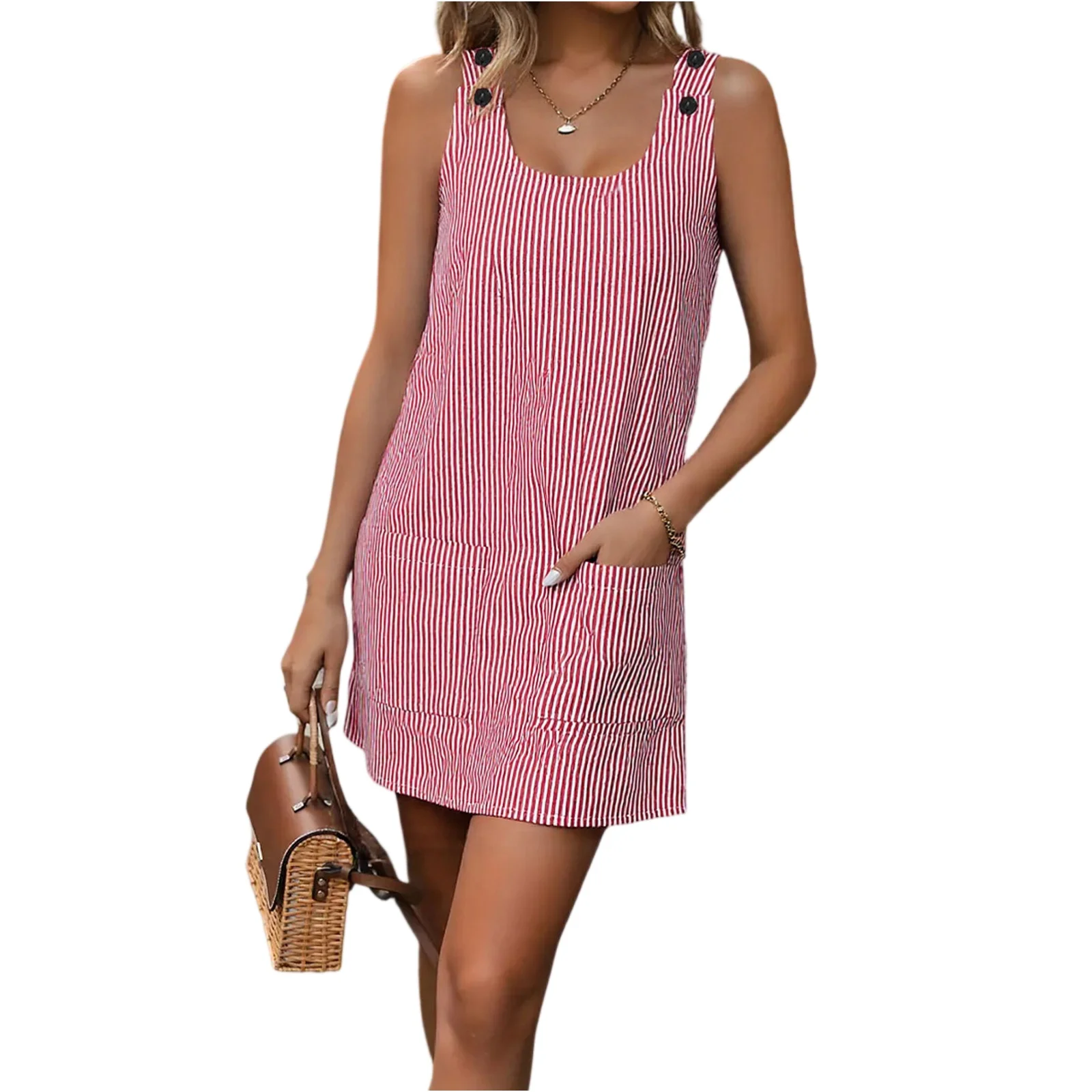 Women's Round Neck Tank Dress with Pockets Classic Striped Strap Button Casual Fashion Mini Dress Outdoor Beach Dresses платье