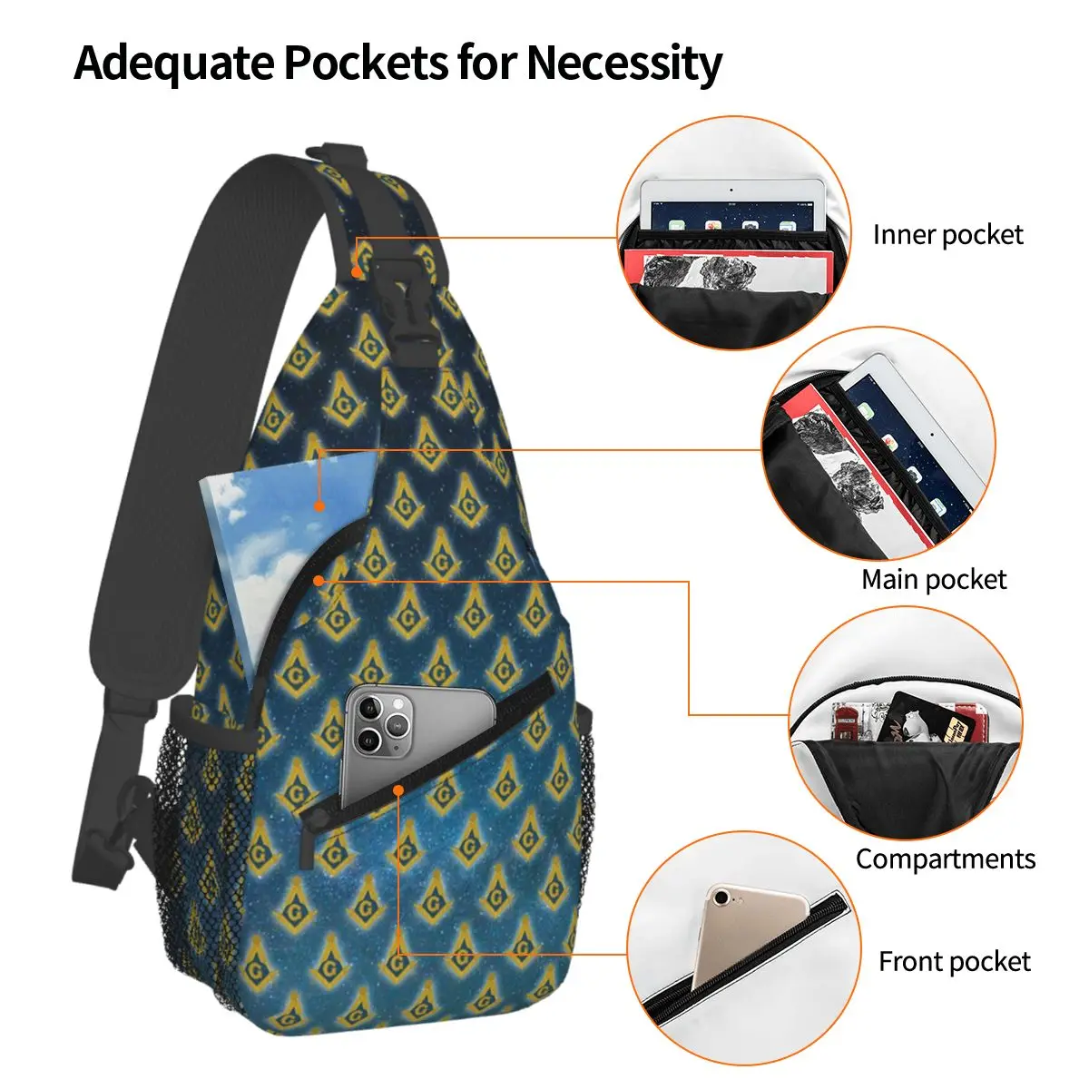 Freemasonry Pattern Starry Sky Chest Bag Men Sling Crossbody Backpack Chest Bag Travel Hiking Daypack Shoulder Bag