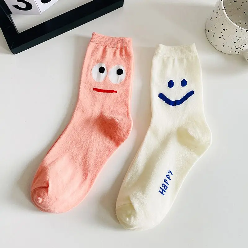 

Women's Mid-Tube Socks Big Eyes Smile Face Print Cotton Socks Middle Barrel Expression Bundle Opening Leisure Sweet Sock Lady