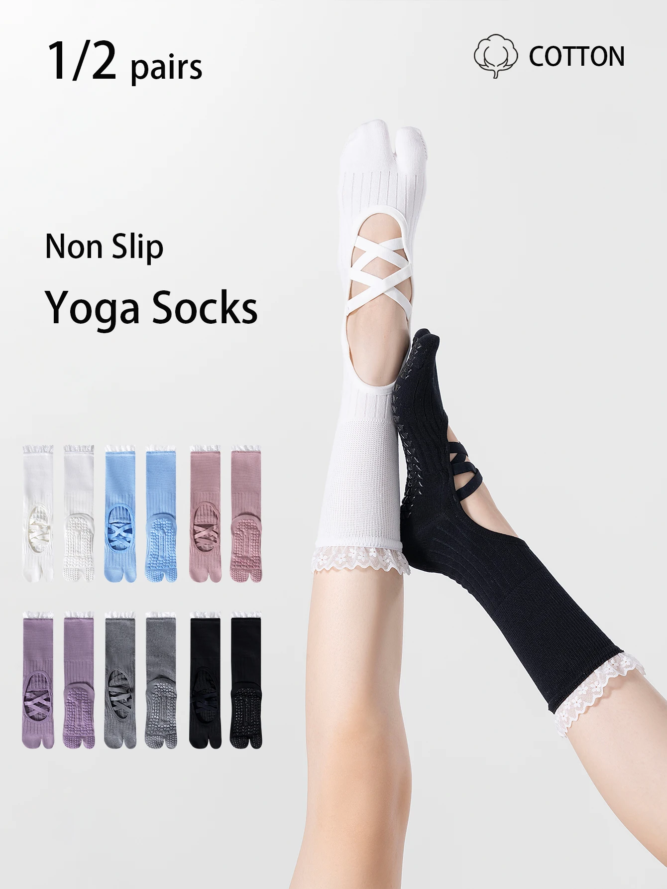 Aliexpress 1/2 Pair of Women's Split-Toe Yoga Socks, Mid-Calf Open-Back Cross-Strap Lace Socks, with Non-Slip Silicone on the Soles, Made of Cotton Blend Material, Available in Black and White, Suitable for Pilates and Fitness - Aliexpress Deal