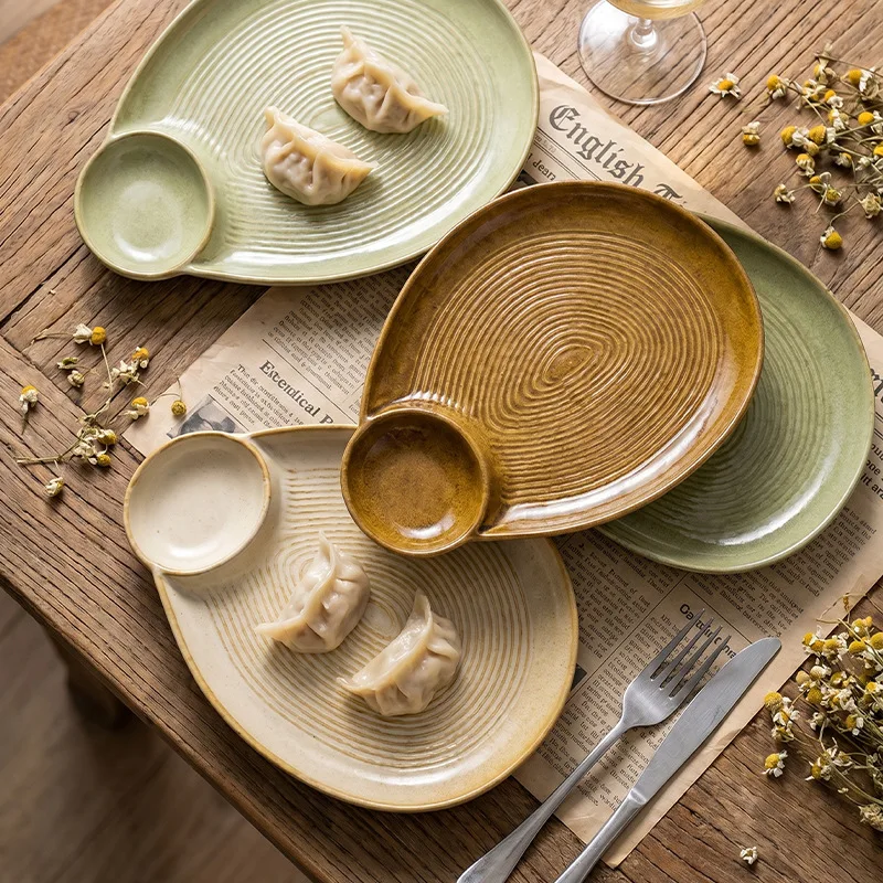 Minimalist Kiln-Change Multi-Color Ribbed Ceramic Plate, With Sauce Dish Dumpling Plate for Home Kitchen Restaurant Dining Table