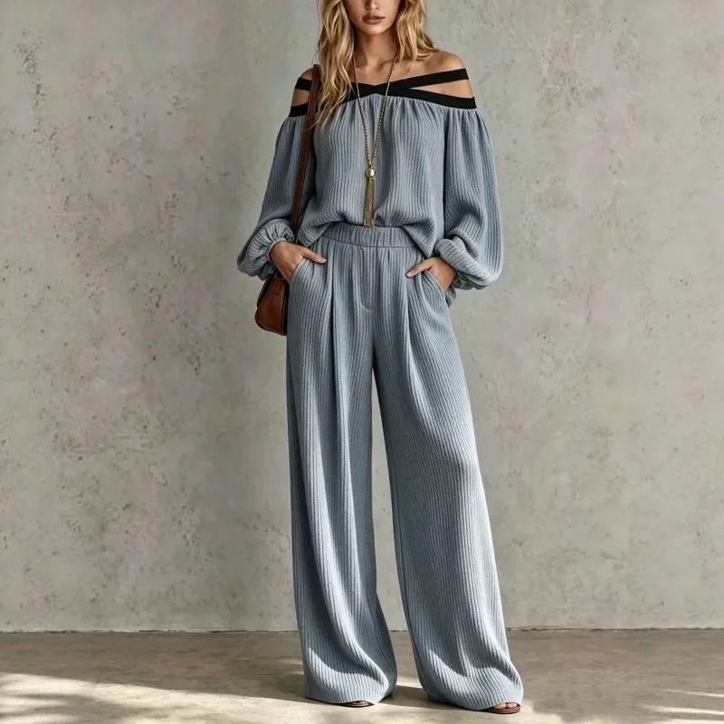 Women 2 Piece Outfit Off Shoulder Long Sleeve Top High Waist Wide Leg Pants Ribbed Knit Matching Set Casual Loose Tracksuit