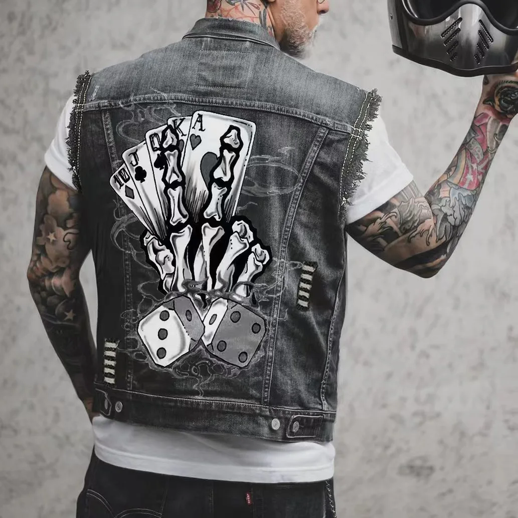 2024 New Men\'s Denim Vest Printed Tribal Style Top Men\'s  Sportswear Men\'s Denim Vest Motorcycle Vest Motorcycle Casual Denim