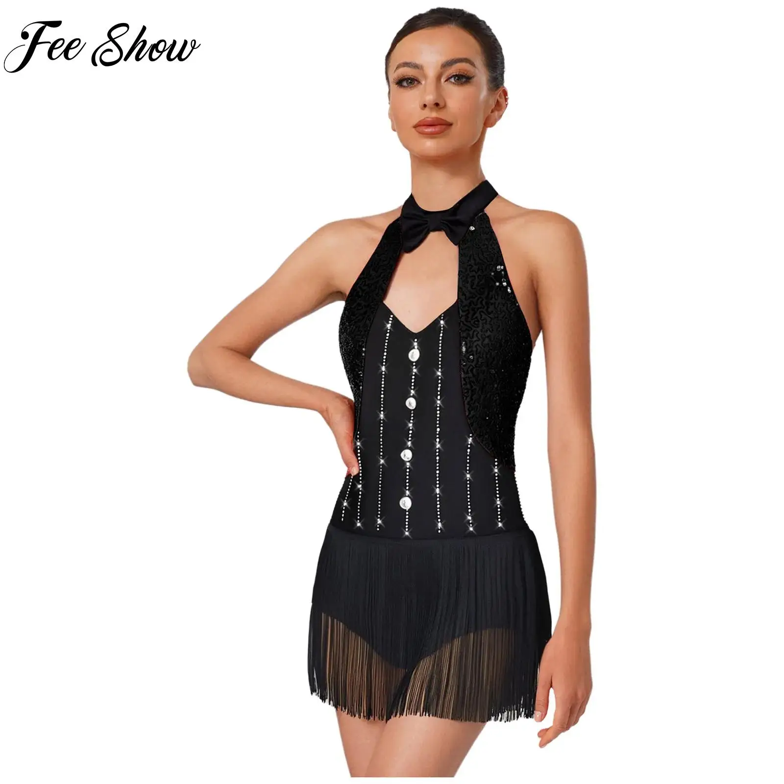 

Womens Latin Jazz Dance Leotard Stage Show Dancewear Sequins Tassel Fringe Bodysuit Jumpsuit Cha-cha Samba Rumba Dance Costume