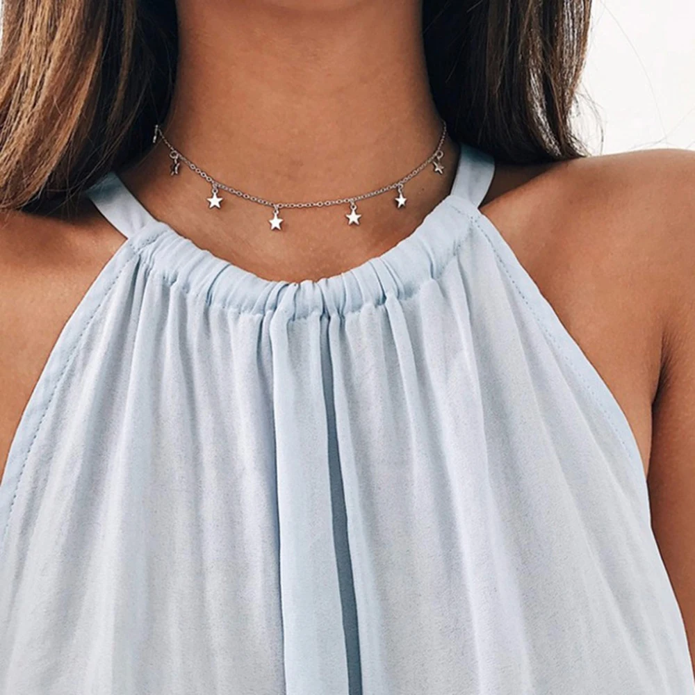 EManco Star Moon Choker Necklaces Gold Color for Women\'s Pendant Necklace Jewelry Simple Ladies Pentagon-Star Stainless Steel