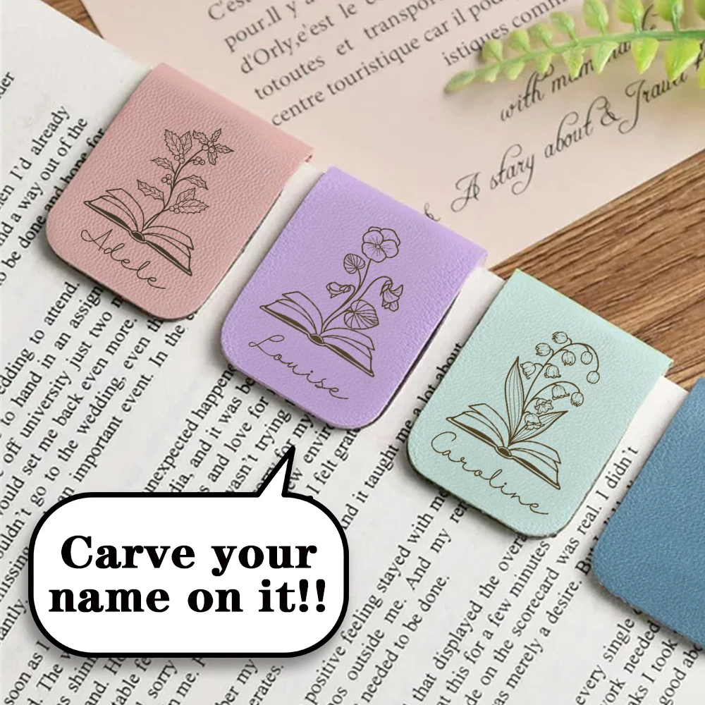 

1 laser engraved name bookmark with birth flower, soft technology leather bookmark, magnetic adsorption bookmark, book enthusias