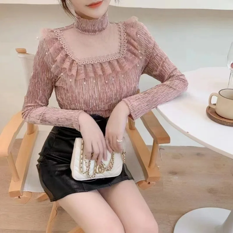 2024 Autumn New Versatile Commuter Temperament Lace Top Exquisite Mesh Semi-turtleneck Women\'s Long-sleeved Chiffon Blouse