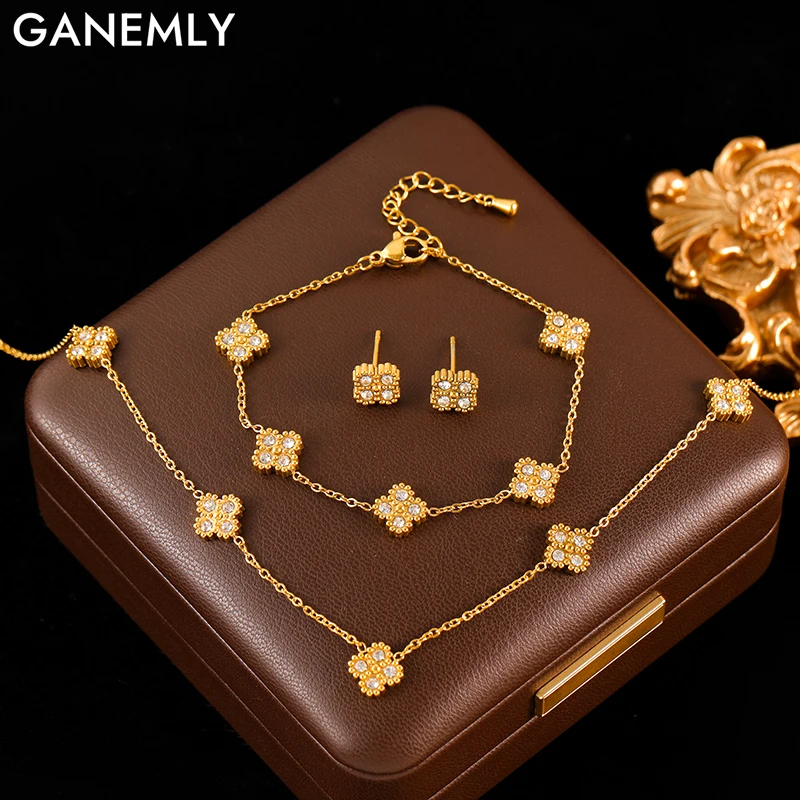 GANEMLY New Sparkling Leaf Clover Zircon Necklace Bracelet Earrings Set For Women Trendy Stainless Steel Waterproof Jewelry Gift