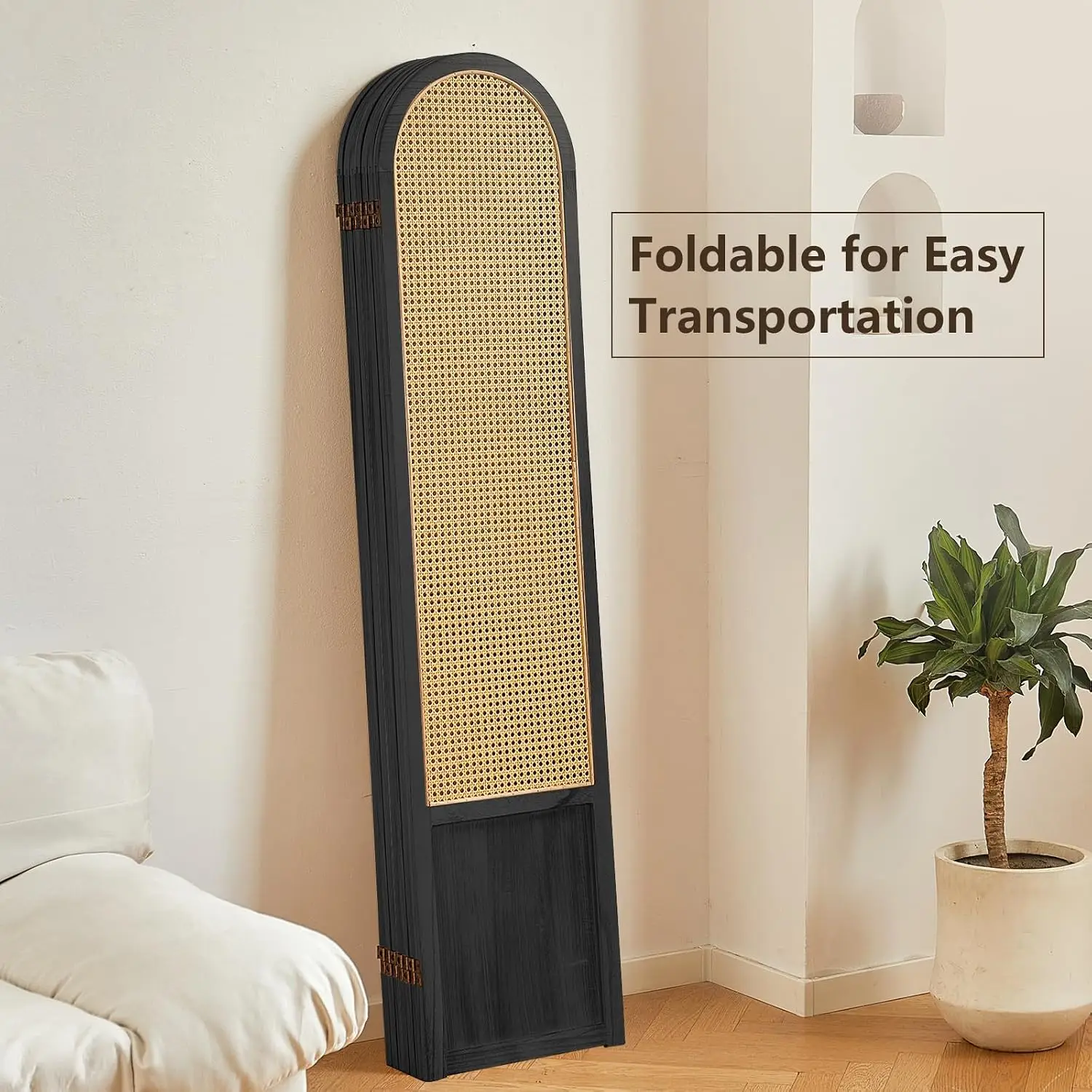 6 Panel Rattan Room Divider Folding Privacy Screen Solid Wood Frame Partition Bedroom Lounge Black, Customized