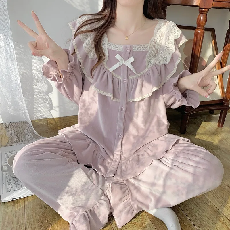 Women's Korean Island Velvet Pajamas Set Autumn Winter Thin Velvet Loungewear Sweet Princess Style Breathable Cozy L Size Solid