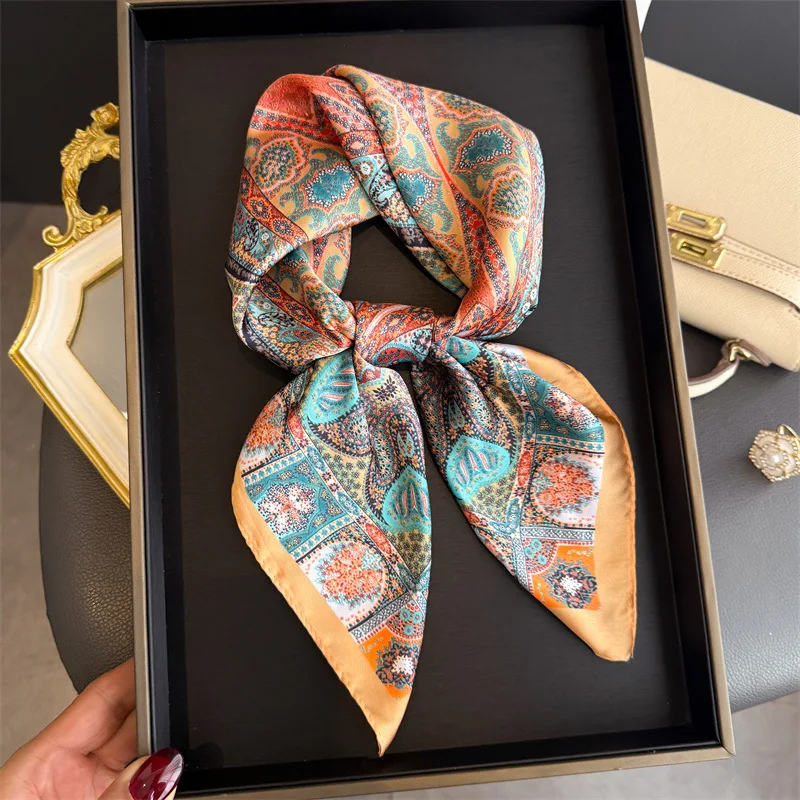 Paisley Silk Square Scarf For Women Cashew Floral Print Soft Hairband Neckerchief Head Hijab Headband Foulard Bag Ribbon Bandana