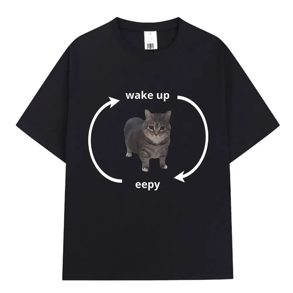 

Wake Up Eepy Kitty T Shirt Sleepy Head Funny Cat Animal Lover Short Sleeve T-shirts Men Women's Casual Cotton Oversized T-shirts