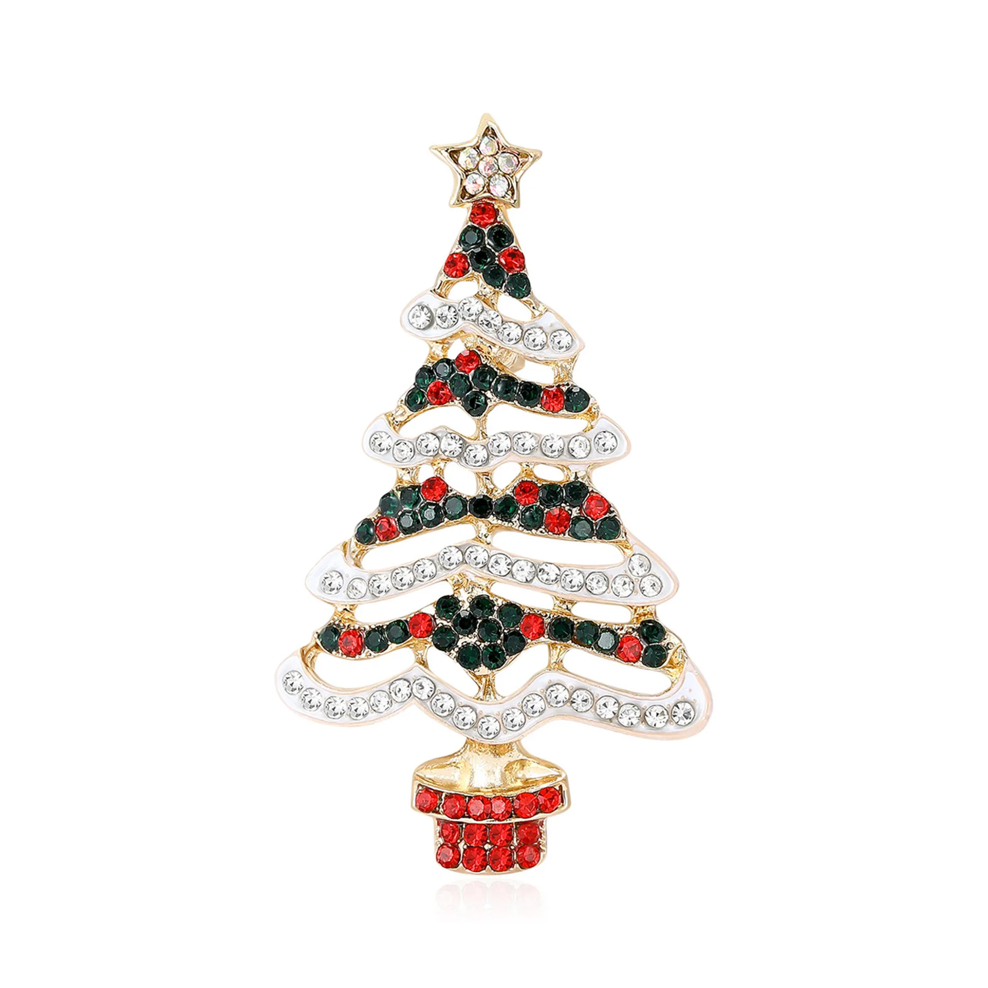 1PC Hollow Christmas Tree Brooch Multicolor Rhinestone Crystal Star Top Lapel Pin Xmas Holiday Decoration Gift for Women
