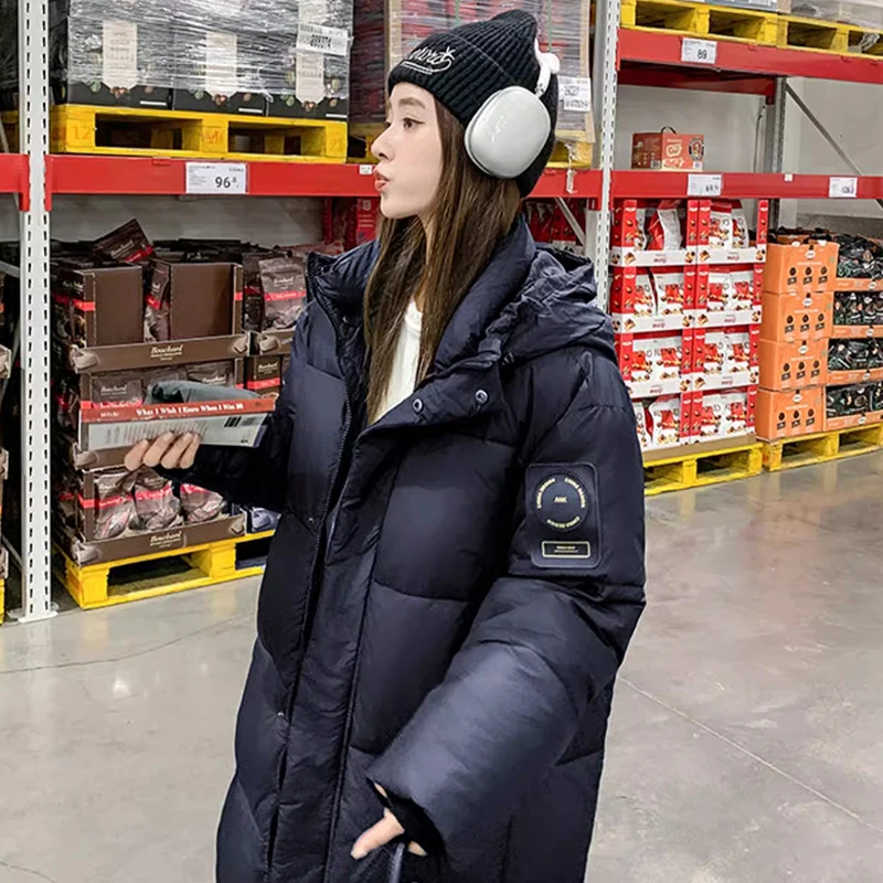 

Women's Mid-Length down Cotton Jacket Thickened Warm Over-Knee Coat with Hood Korean Style Loose Fit Winter Spring Outerwear