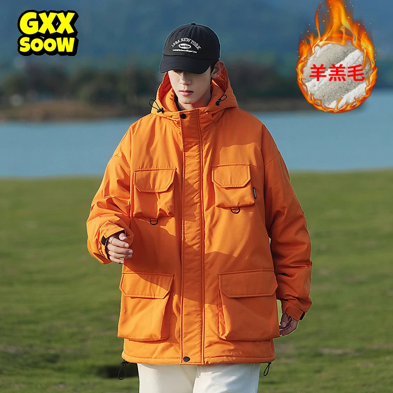 2022 Winter Cargo Jacket Parka for Men Women Hip Hop Orange Multi Pockets Padded Jackets Couple Warm Fashion Brand Coat