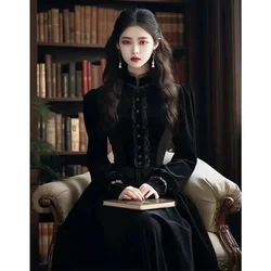 Gagarich French Retro Hepburn Style Black Velvet Dress Women Autumn Winter Stand Up Collar Temperament Cienkie czarne kamizelki