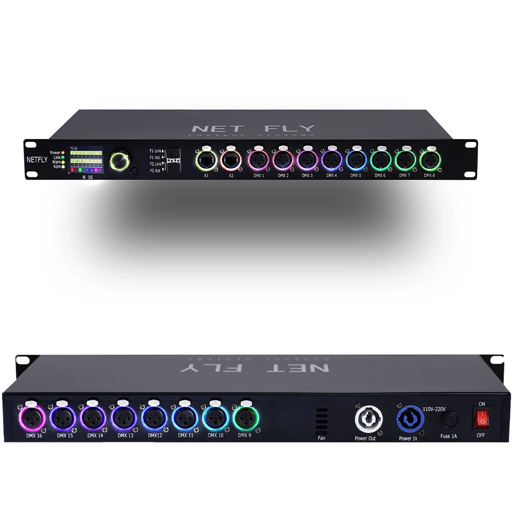 Isolated DMX Splitter 16 Port DMX Ethernet Gateway ArtNet sACN Node 2x RJ45 PoE 2x SFP Fiber Web Configuration for DJ Lighting