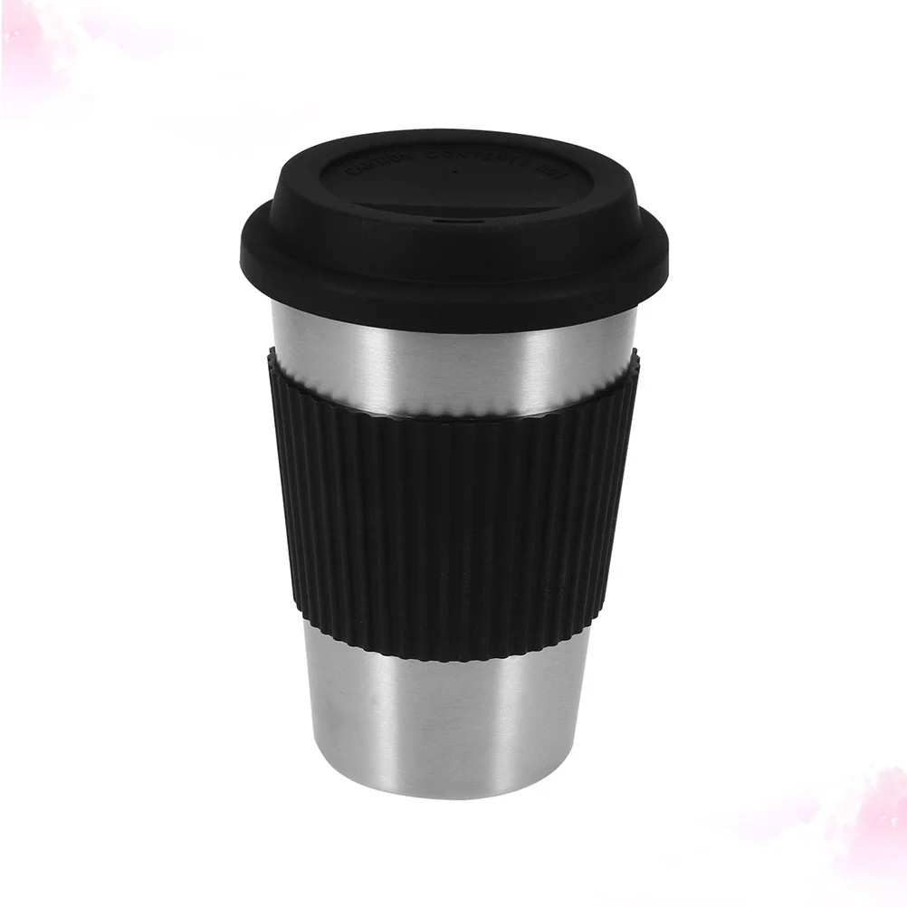 

Stainless Steel Coffee Cup Black Tumbler Silicone Sleeve Anti-Scald Lid Outdoor Travel Mug Modern Design Kitchen