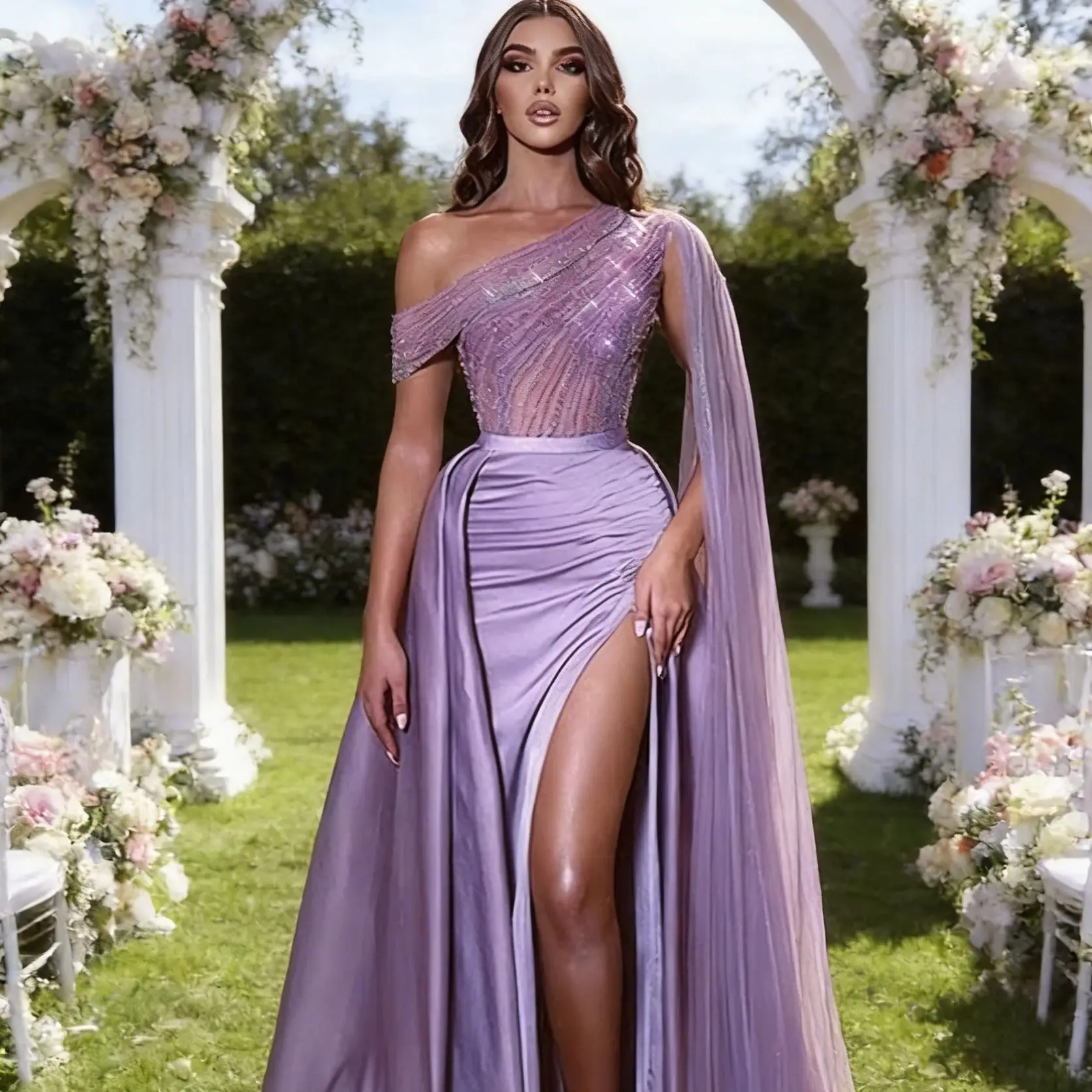 

Элегантное сиреневое вечернее платье-русалка на одно плечо с высоким разрезом, украшенное пайетками, бисером и оборками, для женщин