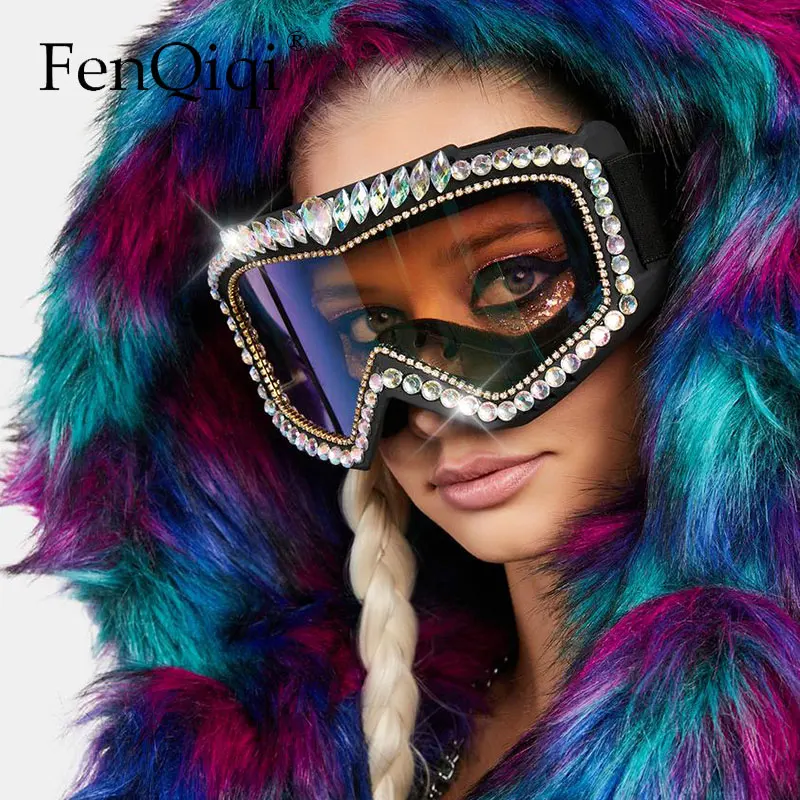 Steampunk Diamond Eye Wear Symphony Goggles Oversized Snowing Glasses Eye Protection Siamese Luxury Rhinestone Ski Goggles