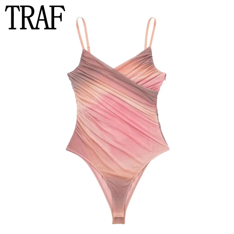 TRAF Strappy Mesh Bodysuit Women Print Tulle Sleeveless Sexy Body Woman Ruched Backless Bodysuit Lingerie Summer Bodysuit Tops