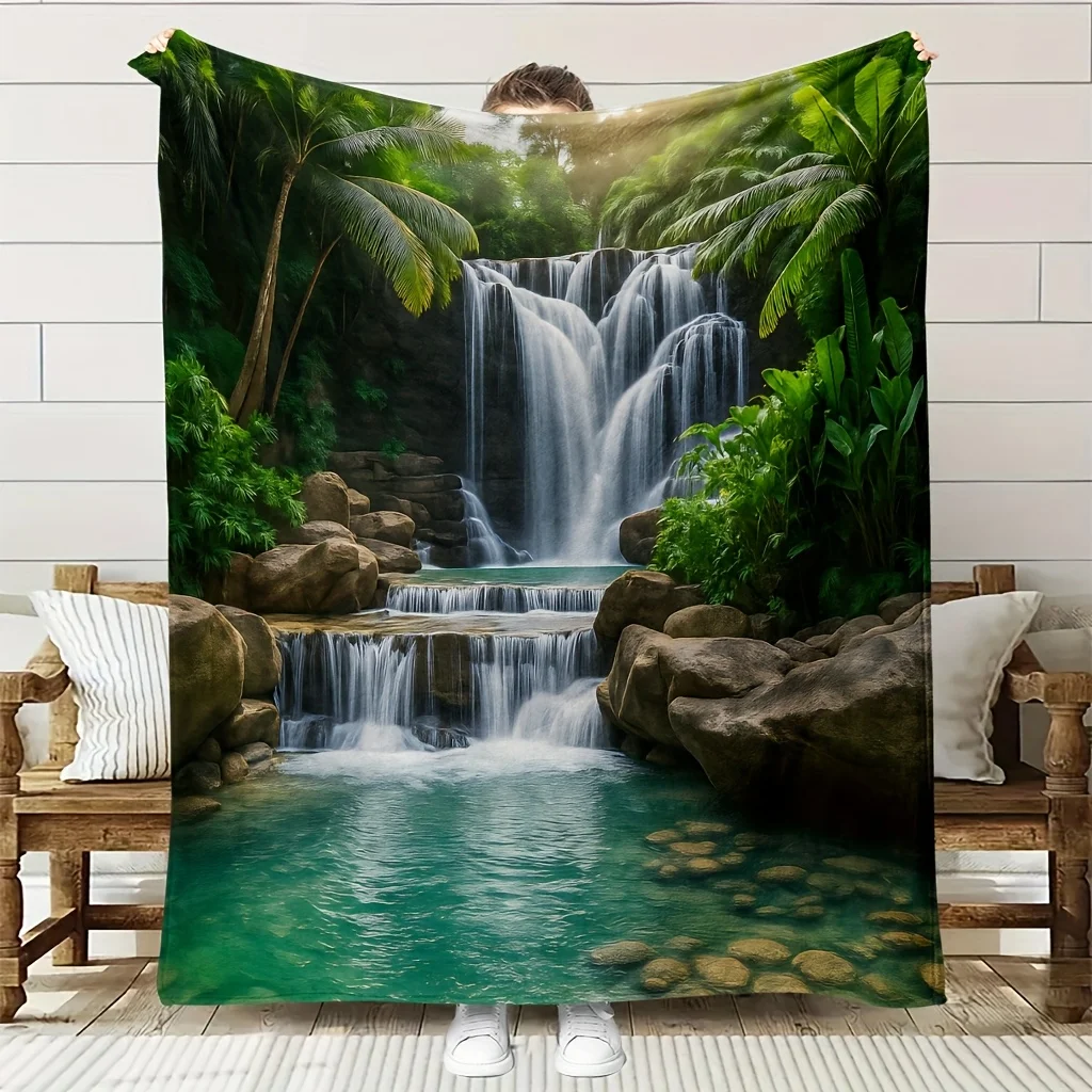 Tropical Waterfall Forest Print Throw Blanket Boho Chic Nature Landscape Outdoor Decor Cozy Gifts