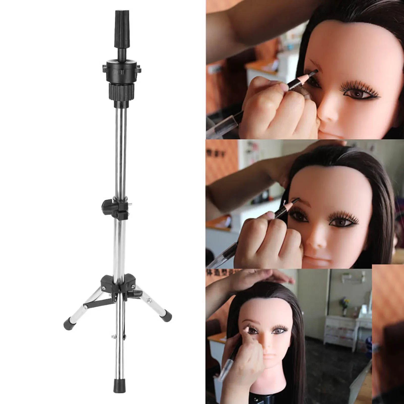 Hairdressing Training Head Holder Adjustable Salon Model Mannequin Head Tripod Stand Silver