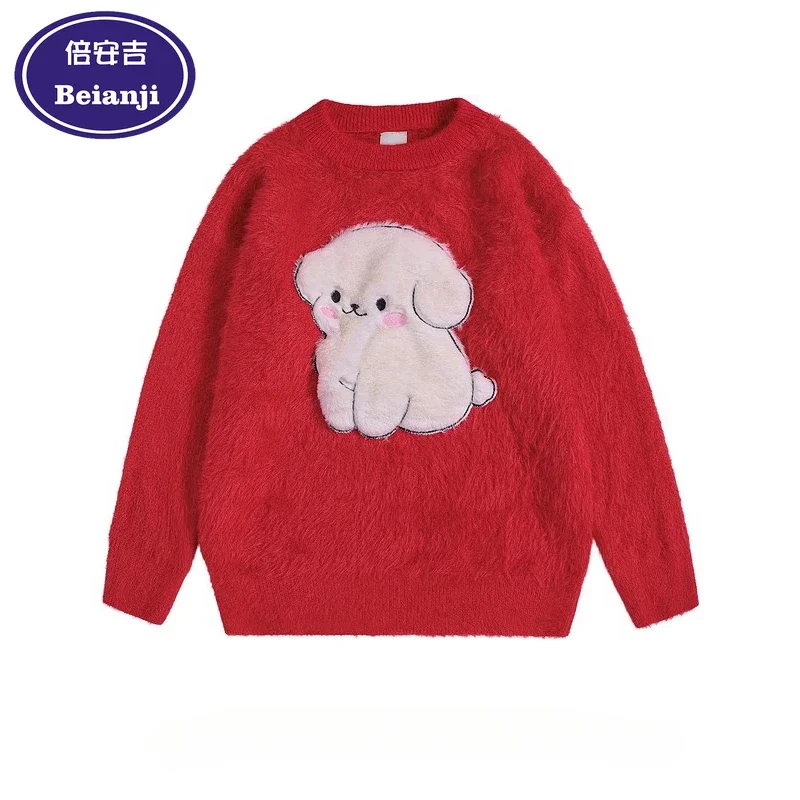 2025  Men's sweater Winter fun cartoon flocking Chinese New Year vintage loose couple casual red crew-neck pullover sweater