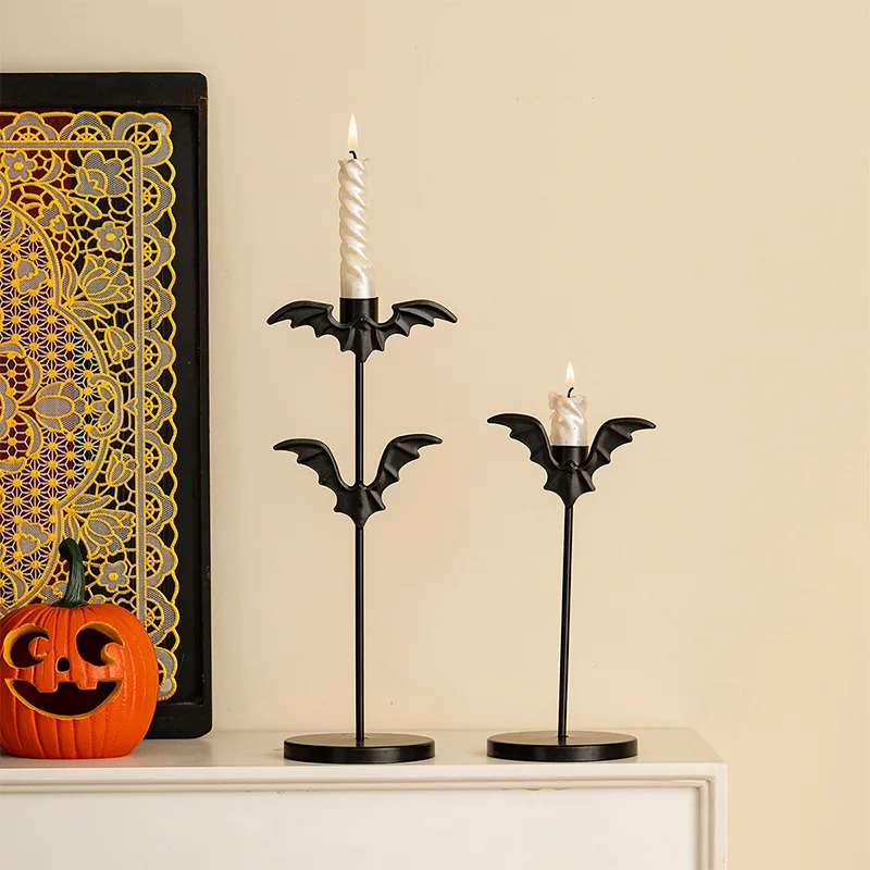 Halloween Bat Candle Holder Black Iron Candlestick Stand Gothic Table Centerpiece Decor for Home Dining Party Holiday Ornament