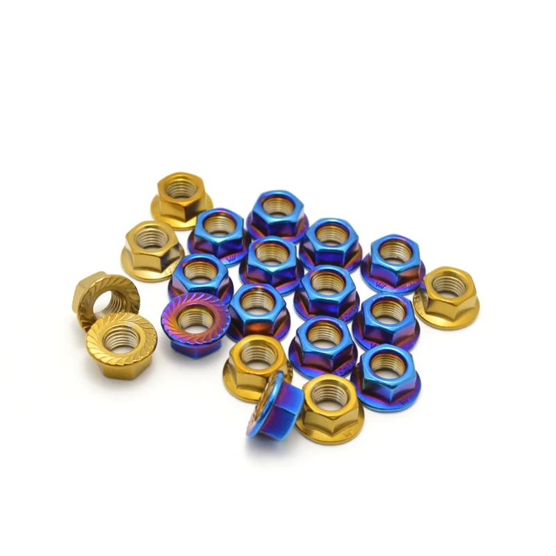 10PCS M4/M5/M6/M8/M10 x1.25/M10 x1.5/M10 x1.0 Stainless Steel Hex Nut Titanium Blue Flange Nut Motorcycle Rear Wheel Nut Bicycle image 4