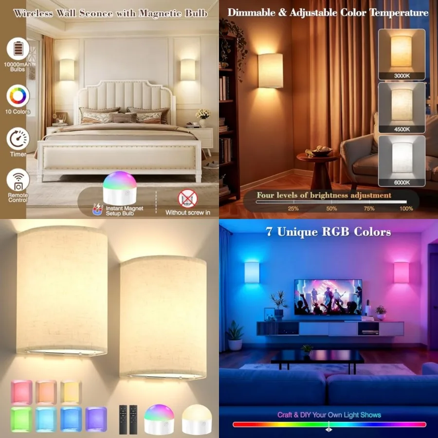 

Battery Operated Wall Sconce Set of Two: 10000mAh Wireless Wall Light with Rechargeable Magnetic Bulb - Dimmable Wall Lamp with