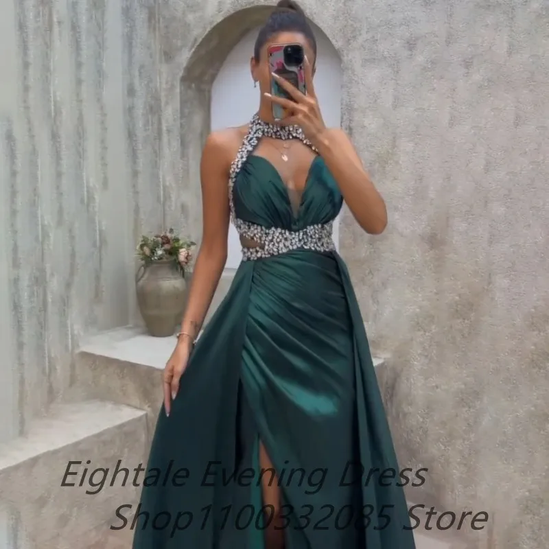 Customized Halter Neck Beaded Evening Dress For Wedding Party A Line Sexy Slit Green Satin Prom Dress Dubai Party Gown New