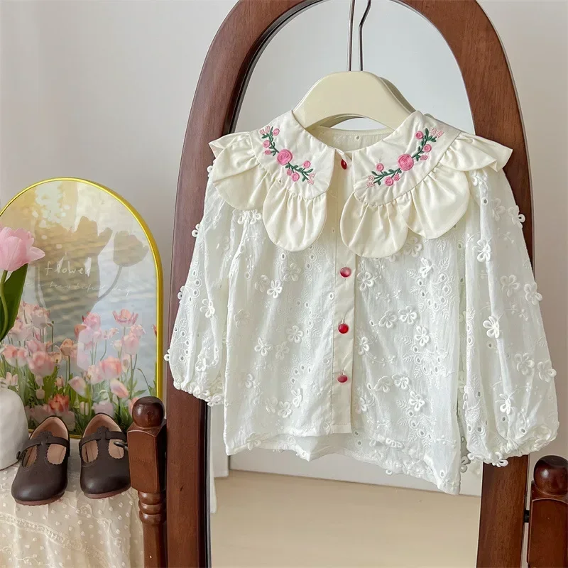 New Girl Doll Shirt Children Spring Clothes Korean Embroidered Shirt Foreign Style Baby Fashionable Top Korean Simple Style