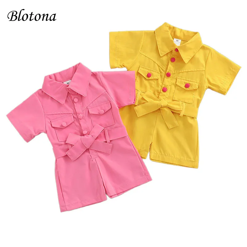 

Blotona Kids Girls Short Sleeve Romper, Solid Color Turn-Down Collar Button Pockets Playsuit, Casual Simple Style Jumpsuit, 1-5Y