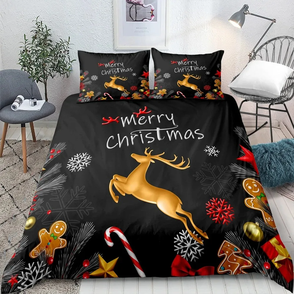 

Gold Christmas Duvet Cover Set Gold Elk Xmas Printed Cartoon Christmas Festival Bedding Sets Full Queen Size with Pillowcase(s)