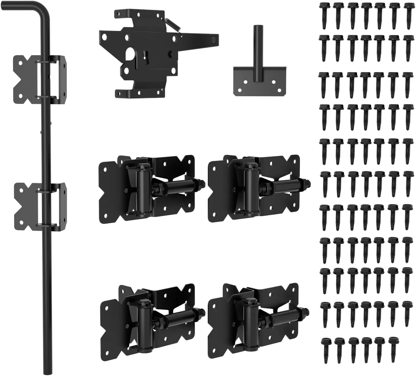

Self-Closing Fence Gate Hinges, Latch & 24" Drop Rod for Double Gate - Easy Install, Durable Black Coated
